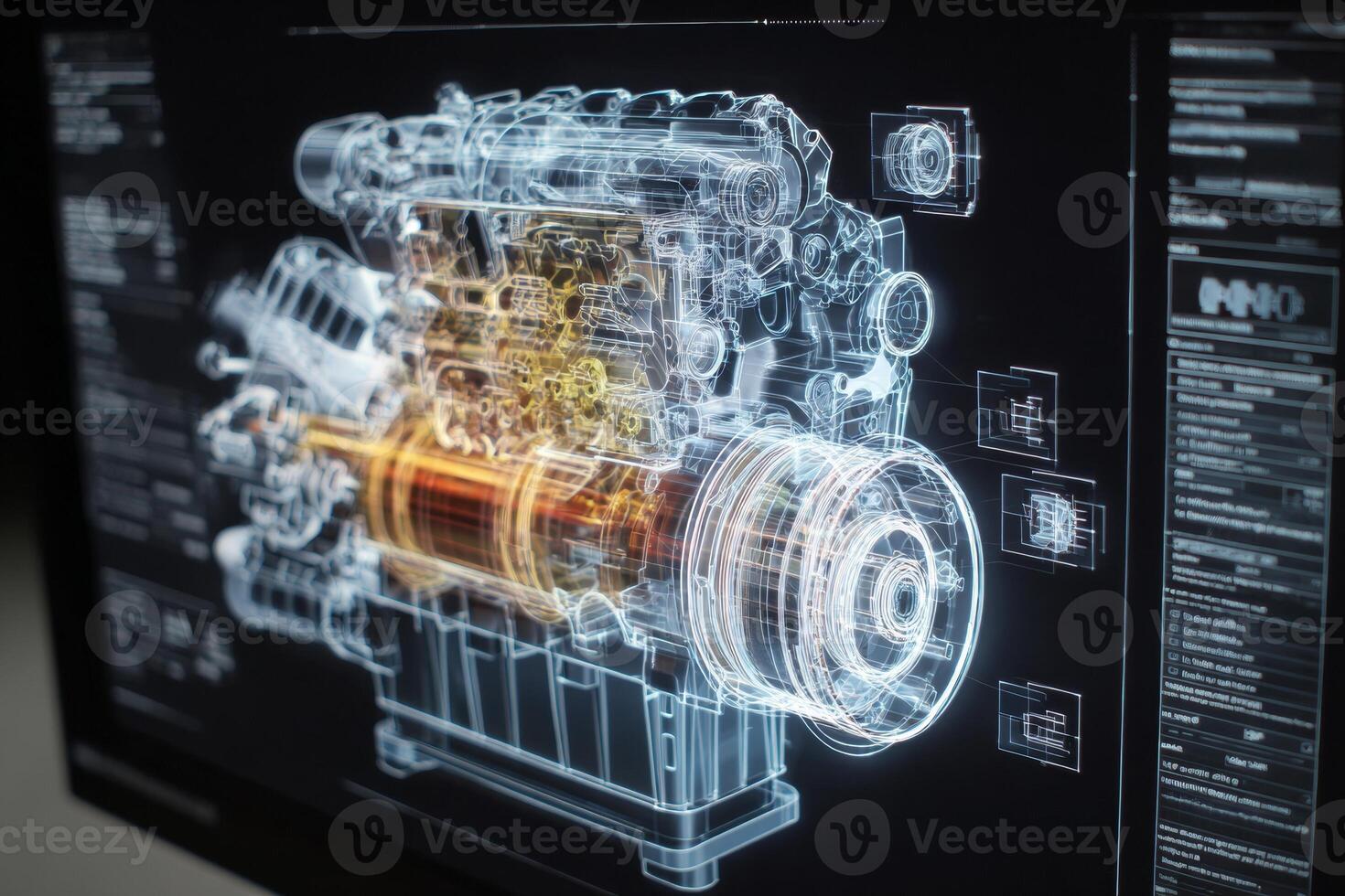 Close up view of a rotating 3D model displaying a car engine on a computer screen, showcasing technical annotations and intricate design details in high resolution photo