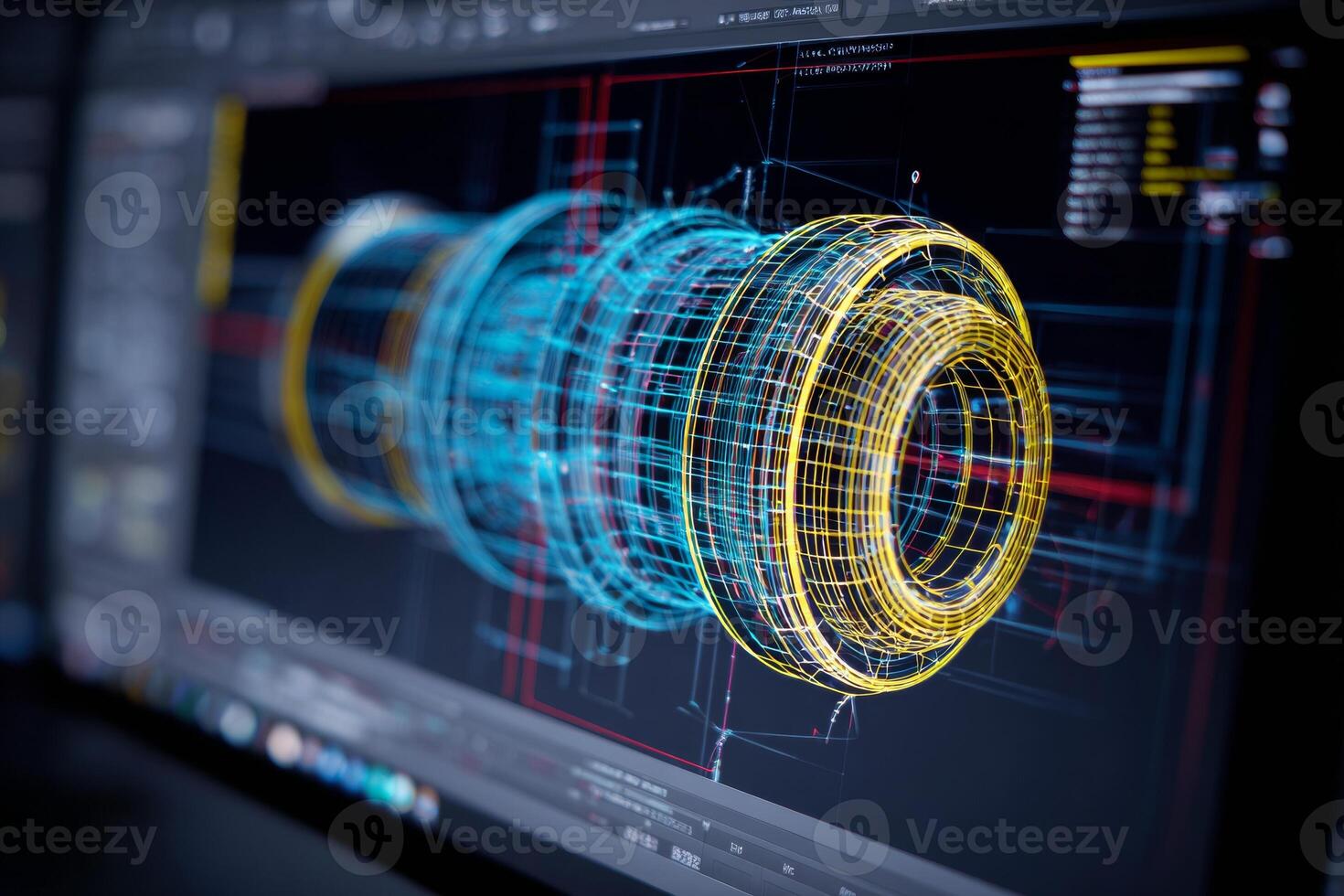 Close up of a computer screen showcasing advanced 3D modeling software with a detailed rotating wireframe of a mechanical component in crystal clear resolution photo