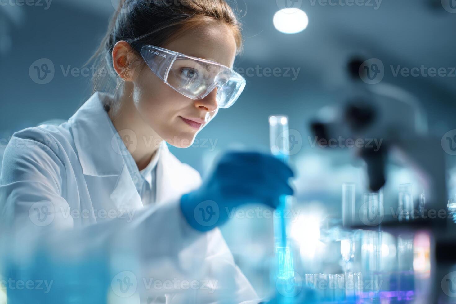 A scientist in a lab coat and protective goggles focuses on a test tube filled with a colored liquid photo