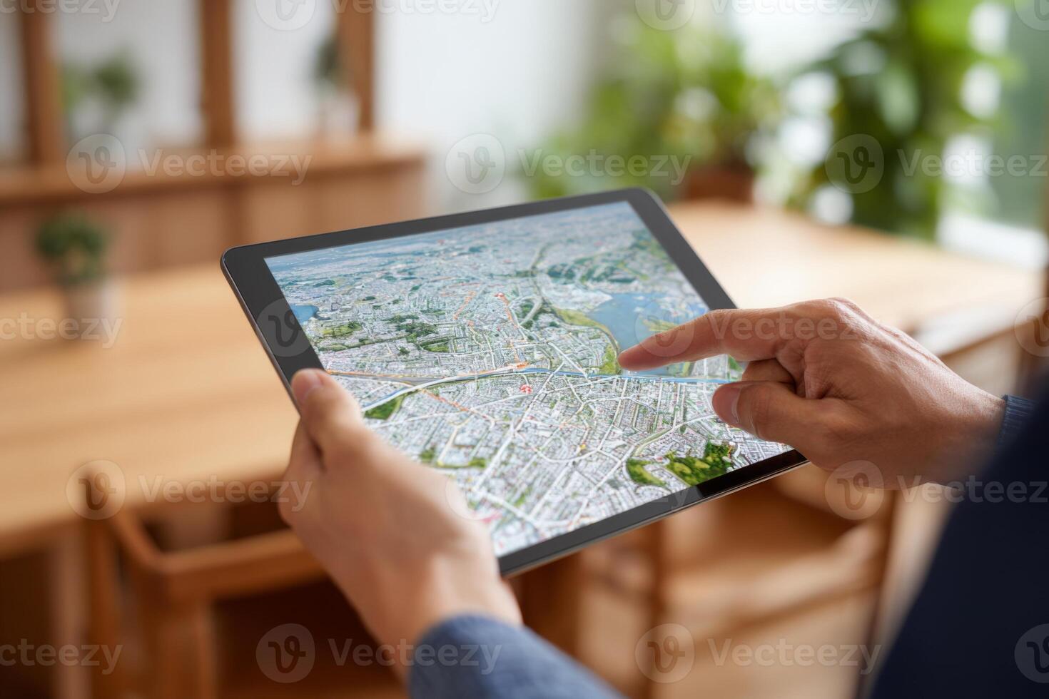A person uses a tablet to interact with a digital map, focusing on route planning in a bright, inviting indoor location with wooden furniture and plants around photo