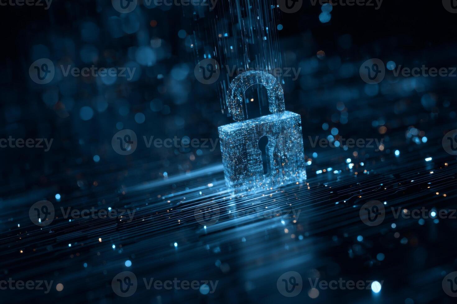 A digital lock stands solitary amidst a torrent of glowing data particles, representing the concept of online security. The scene conveys a futuristic atmosphere of technology and protection photo
