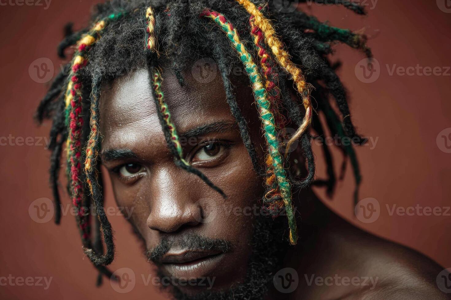 A young black man poses confidently, displaying vibrant dreadlocks with various colors. His intense gaze captures attention, emphasizing personal expression and unique style photo