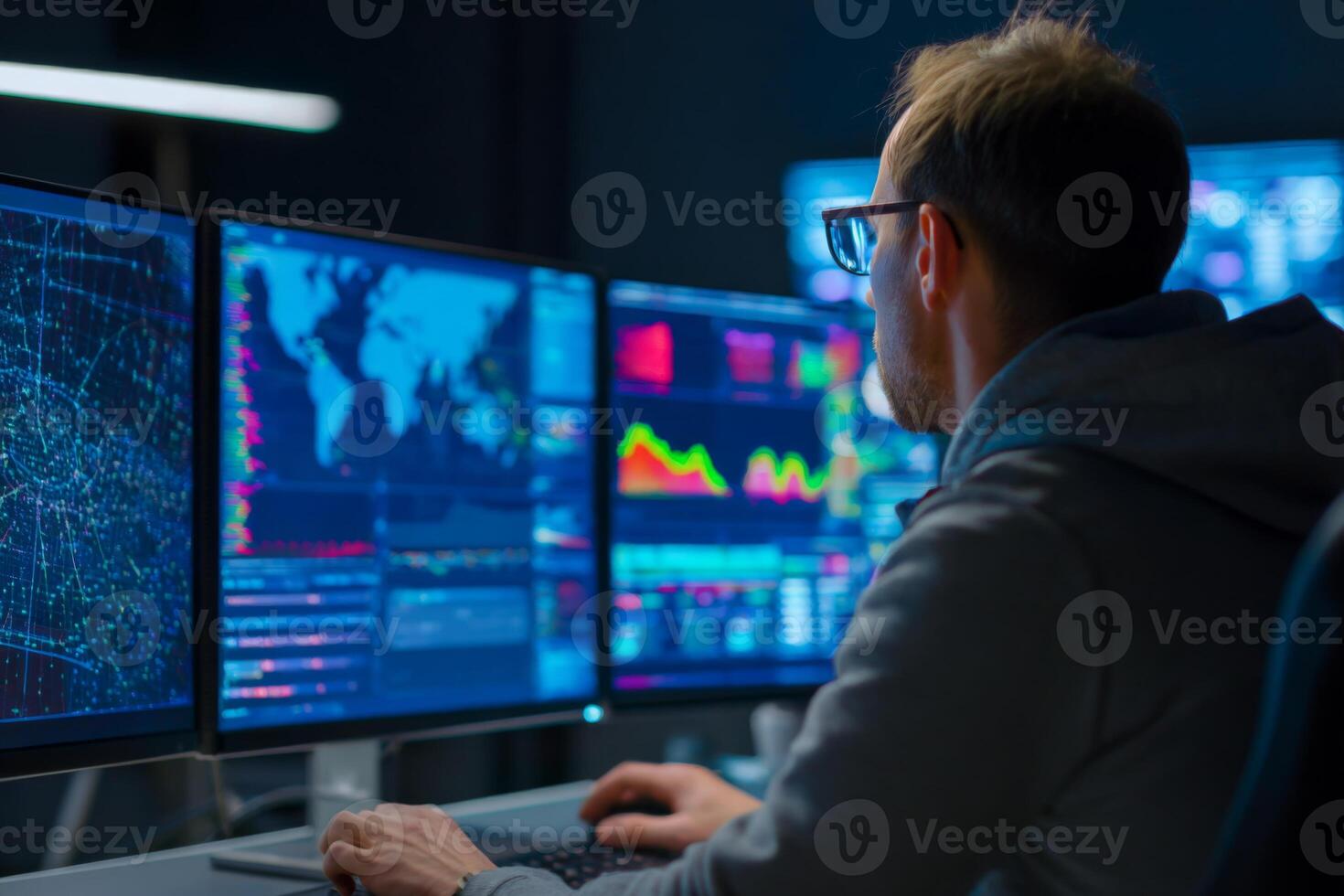 A data analyst is focused on his work during nighttime, seated in front of several monitors filled with various graphs, data patterns, and a world map, emphasizing intense analysis photo