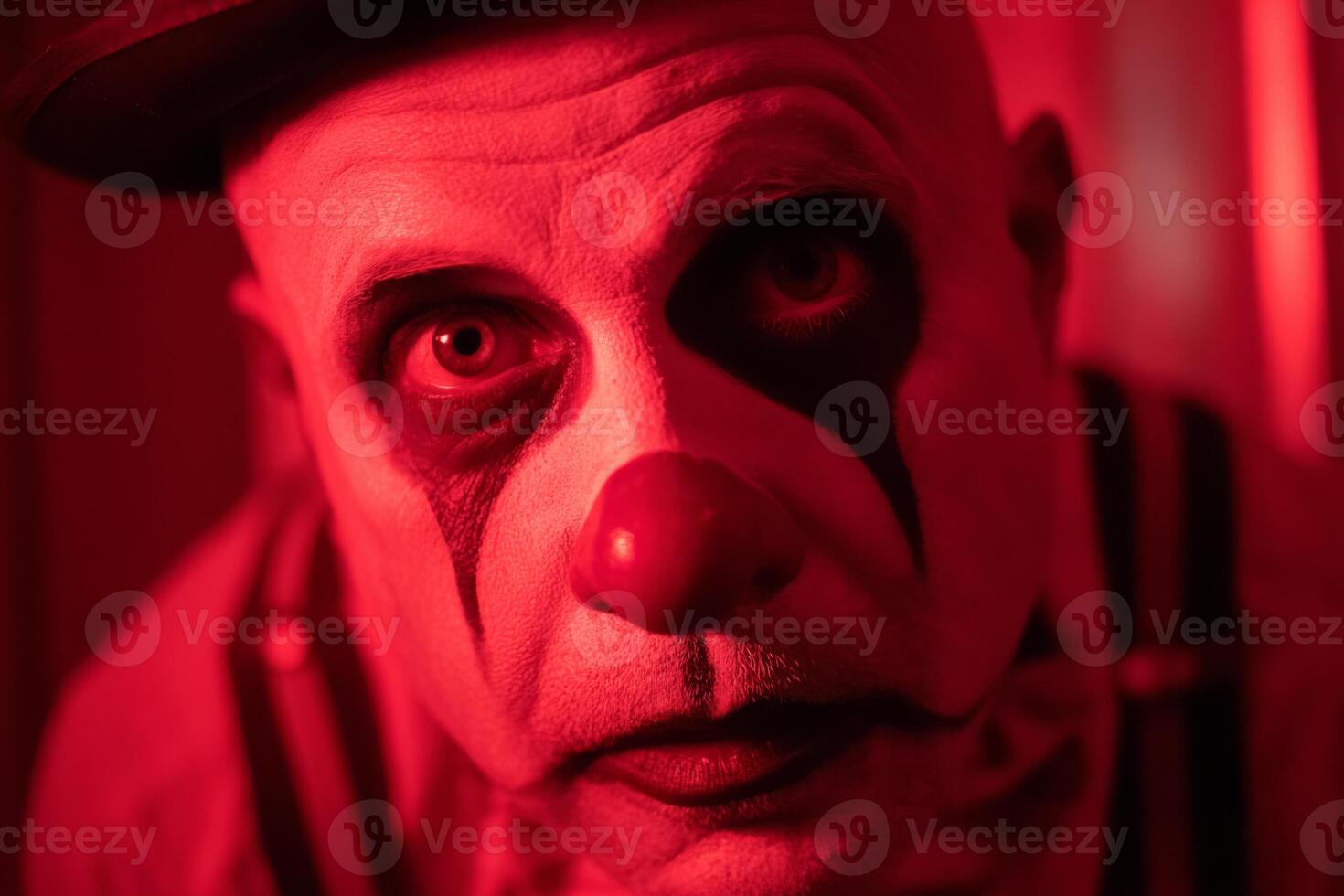 A clown with bold makeup featuring a red nose and dark eyes stares intensely at the camera. The scene is illuminated by a warm red light, creating a dramatic atmosphere photo