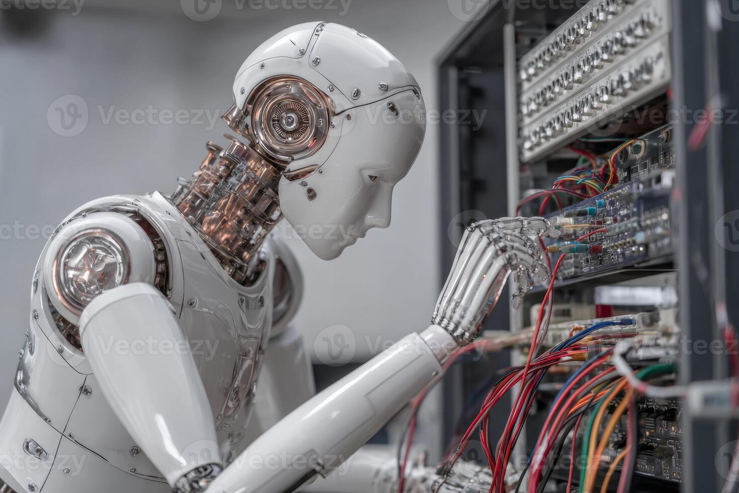 A humanoid robot interacts with a circuit board in a technology lab filled with various electronic devices. Wires of different colors are visible as the robot adjusts connections photo