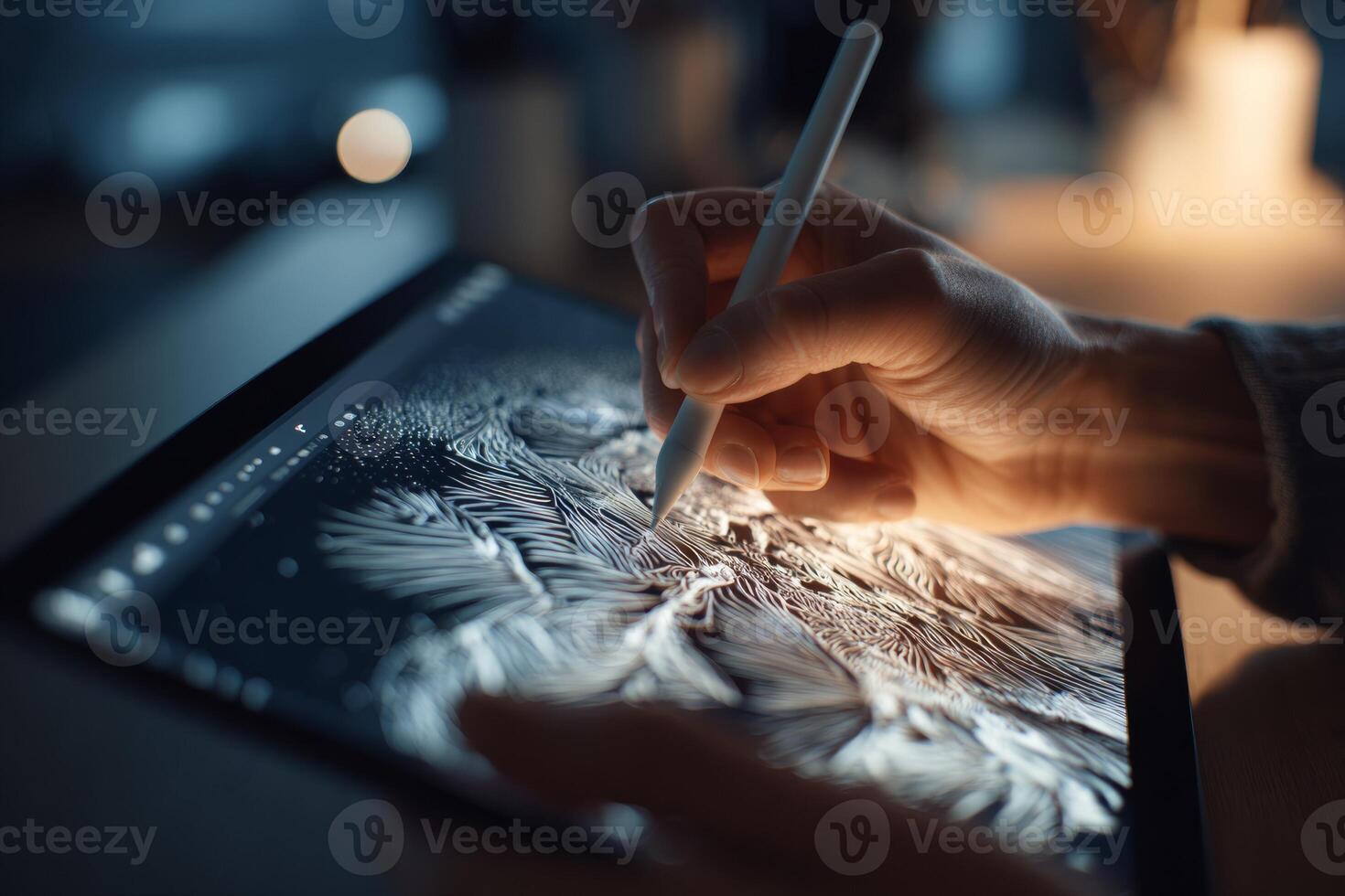 Close-up captures the intricate process of a digital artist crafting realistic 3D textures on a tablet using a stylus pen, showcasing creativity and technical skill photo