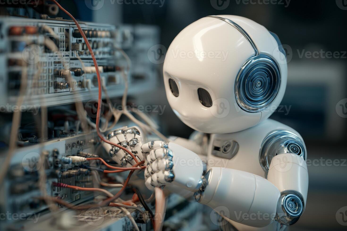 A humanoid robot works diligently on wiring and electrical connections within a high-tech laboratory, showcasing advanced technology and innovation in robotics photo