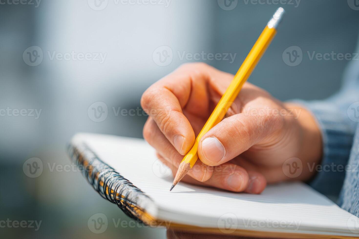A student is holding a sharpened pencil and a blank notebook, preparing to take notes. The focus is on their intent to capture important information during study time photo