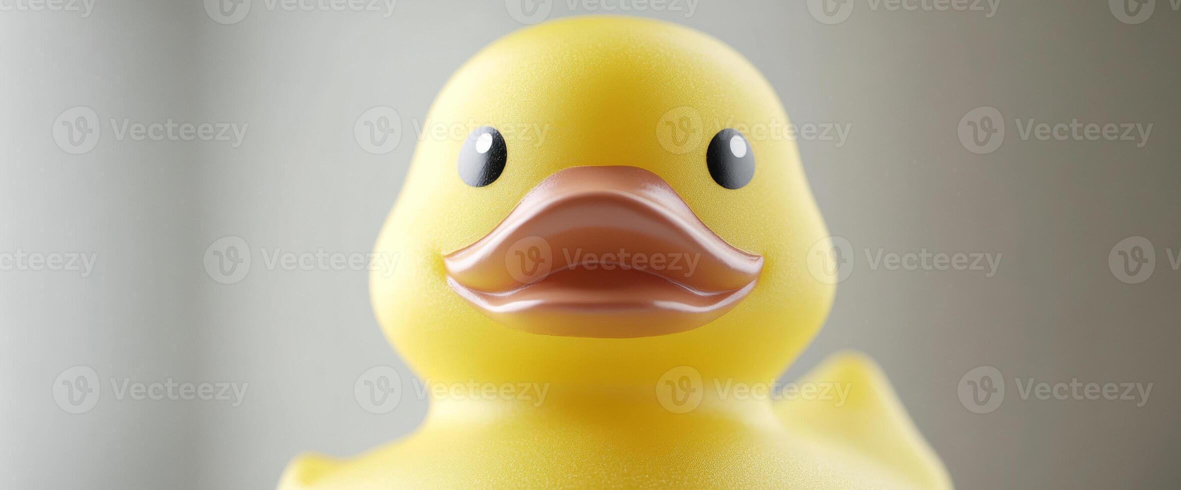 The bright yellow rubber duck is featured in a close-up, its cheerful face shining under soft lighting. The smooth surface showcases playful details, creating a friendly and inviting mood photo