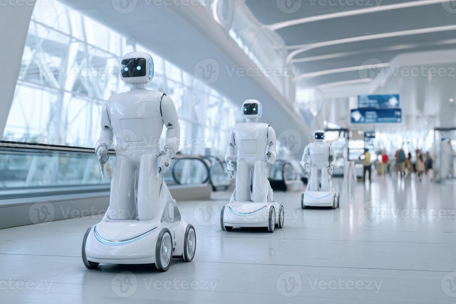 In a modern airport terminal, several robots glide smoothly along the floor, helping passengers with directions and providing information. Travelers watch the advanced technology in action photo