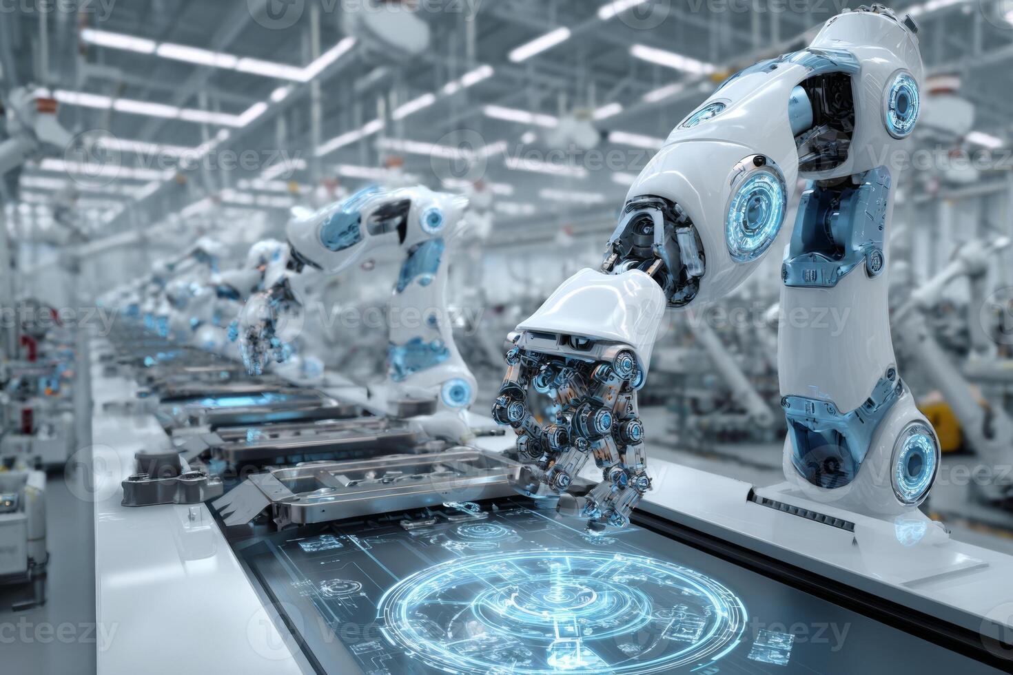 In a cutting-edge factory, advanced robotics are being manufactured by sleek machines featuring holographic interfaces, showcasing modern technology and precision photo
