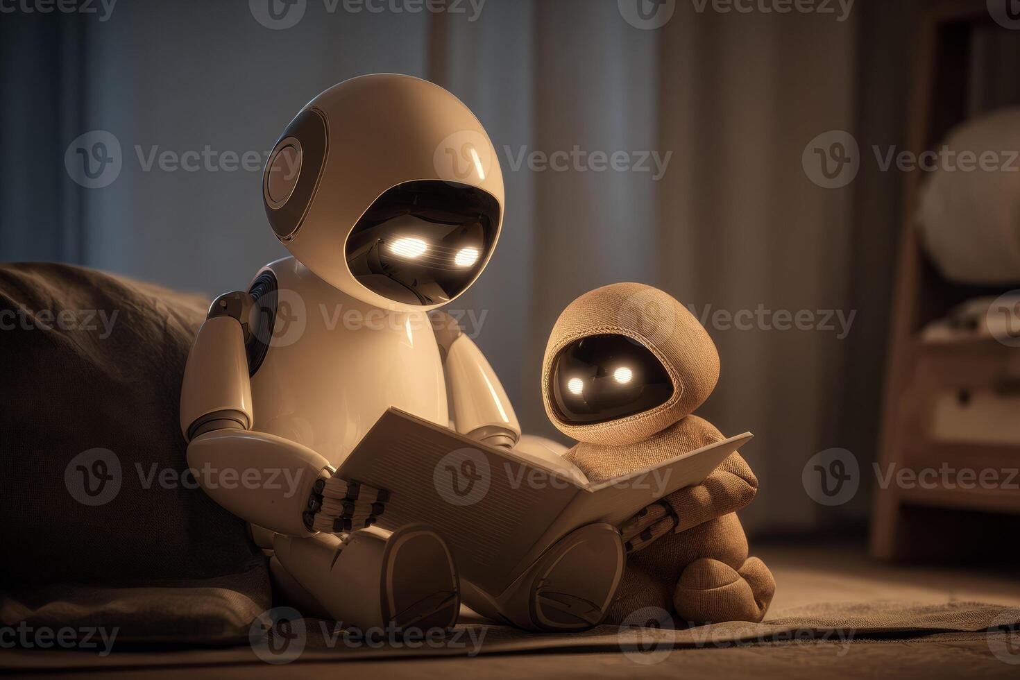 In a warmly lit room, a larger robot reads a book to a smaller robot. Both have glowing eyes, conveying a sense of curiosity and wonder. A peaceful atmosphere surrounds them photo