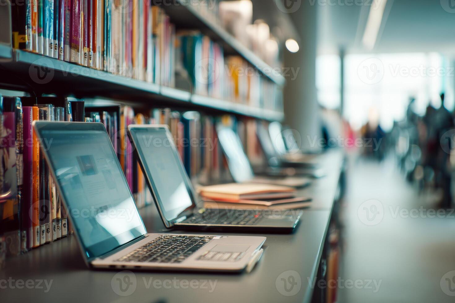 Students are engaged in study sessions at tables in a modern library. Laptops are open and various books are visible on shelves, creating a vibrant academic atmosphere photo