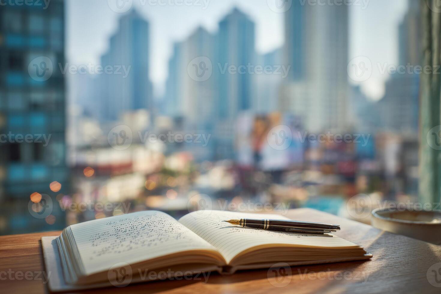 An open notebook lies on a cafe table, accompanied by a pen and an unfinished letter. The blurred cityscape through the window adds to the atmosphere of inspiration and reflection photo