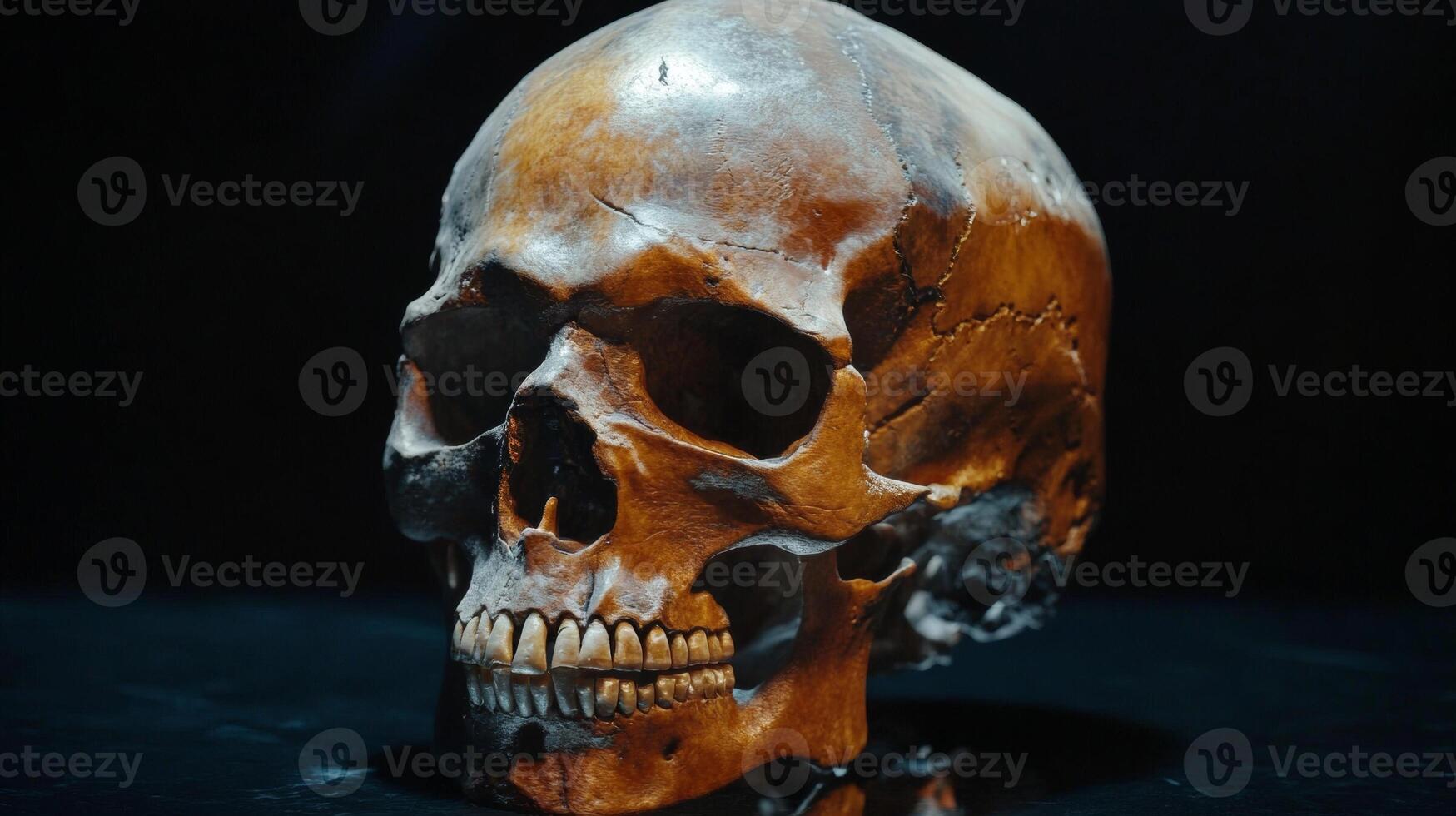 This striking skull avatar reveals fine details of its surface and structure. The lighting highlights various textures, creating a captivating visual effect that is both eerie and fascinating photo