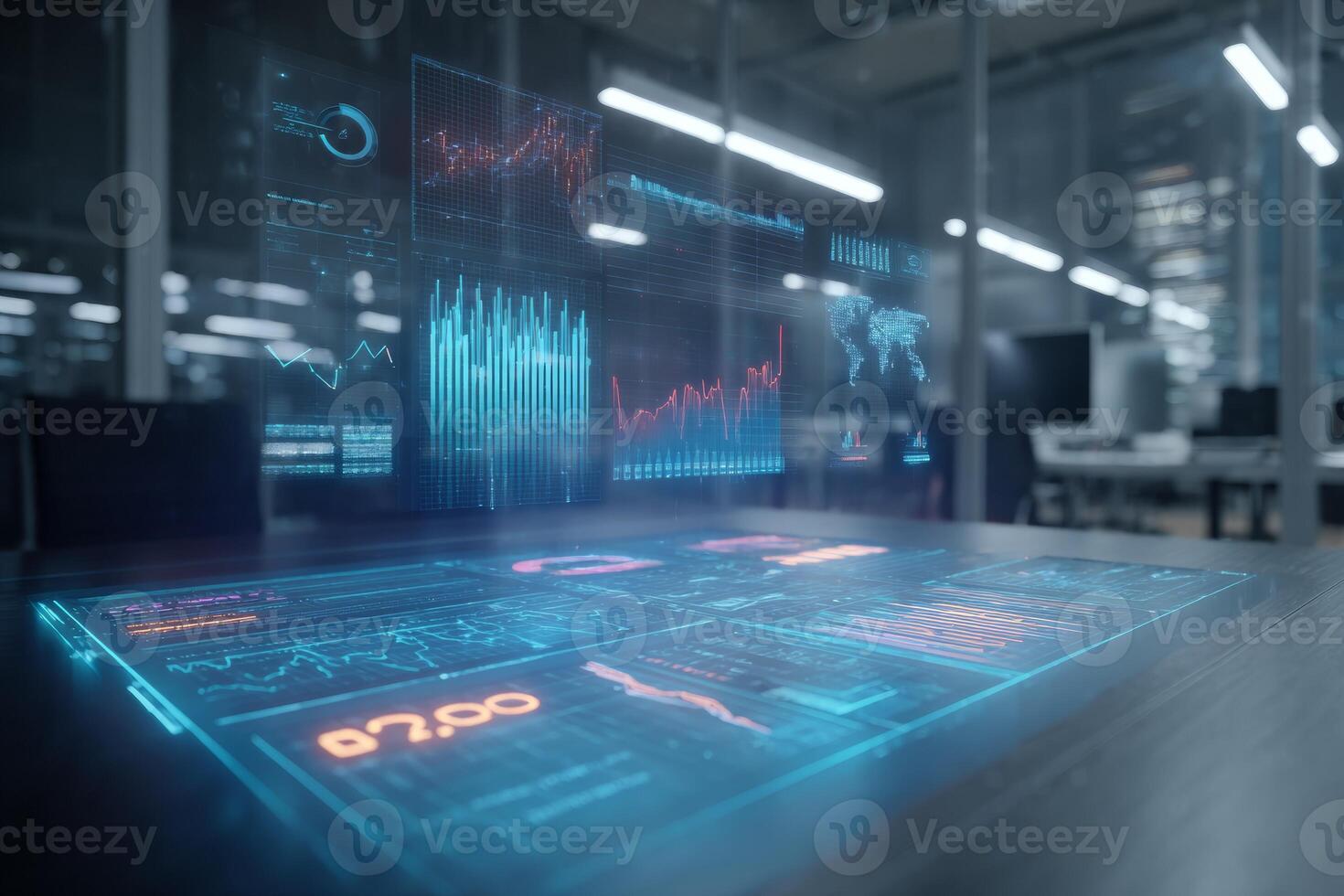 In a sleek corporate office, a holographic interface projects 3D charts and data over a wooden table, showcasing analytics and business metrics during a busy workday photo