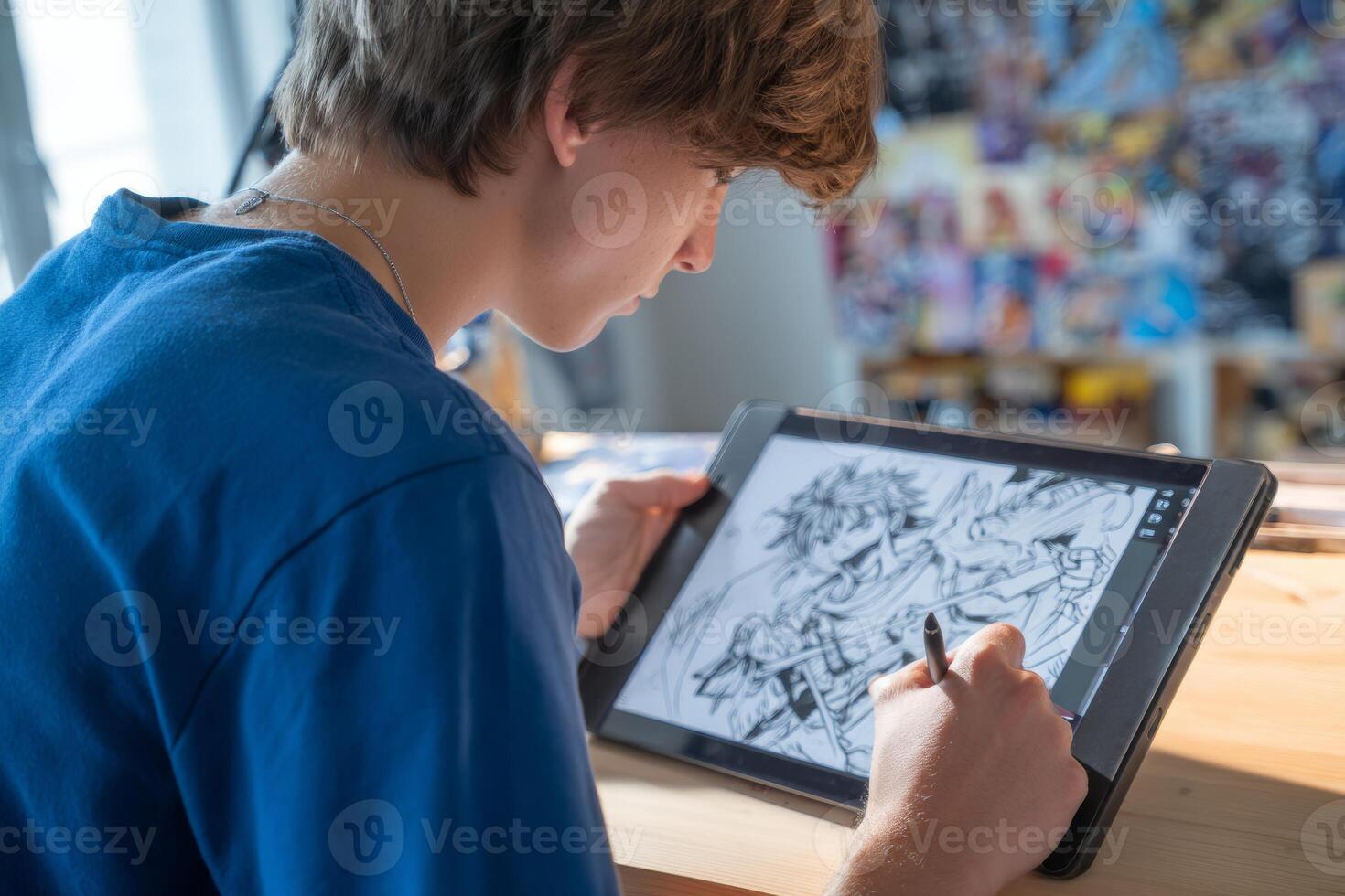 A teenager is focused on sketching while following live instructions on a tablet. The bright indoor space is filled with art supplies and inspiration, enhancing the learning experience photo