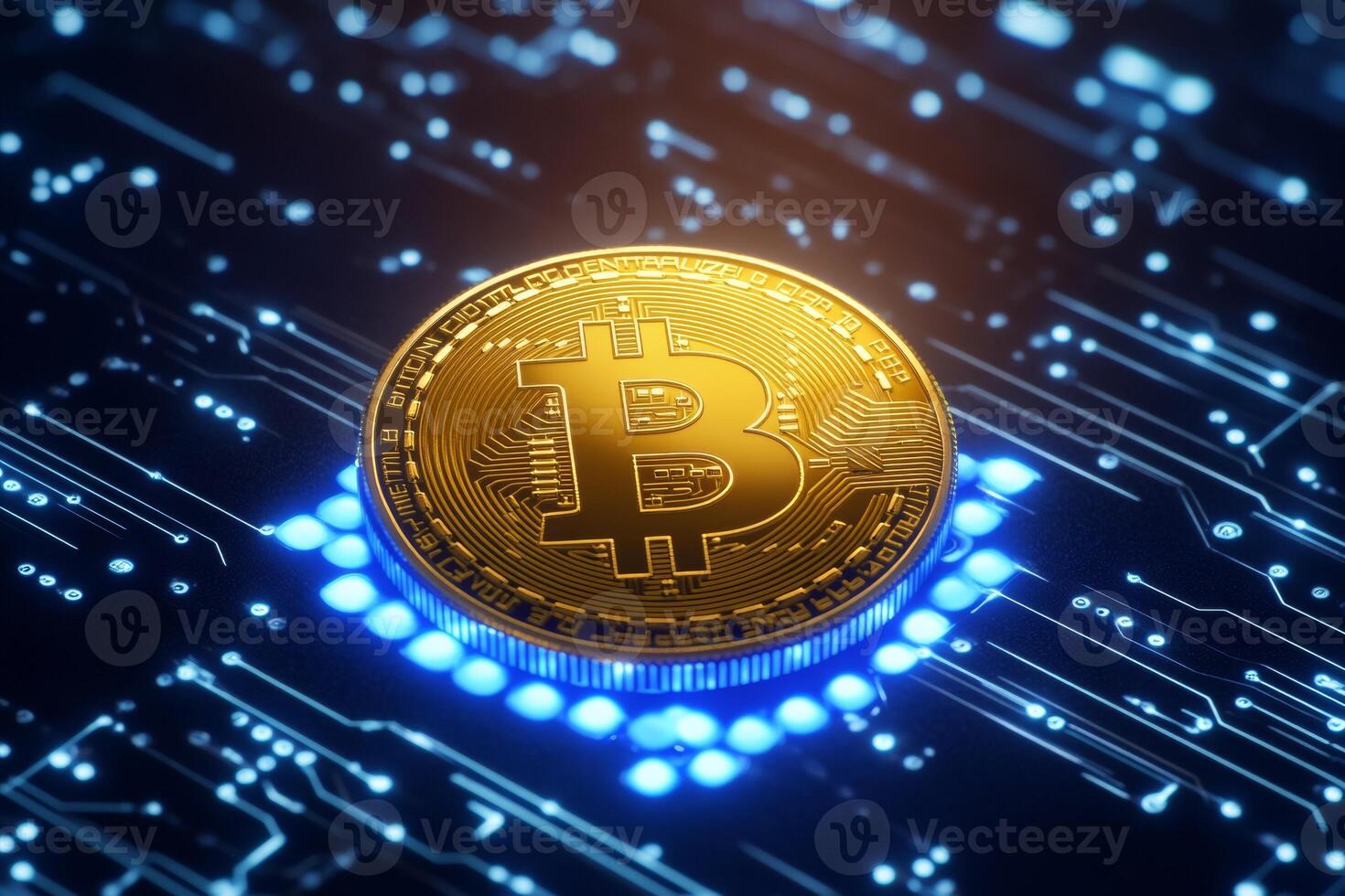 A golden bitcoin coin is embedded in an intricate digital matrix, surrounded by a radiant blue glow, showcasing advanced technology in high resolution photo