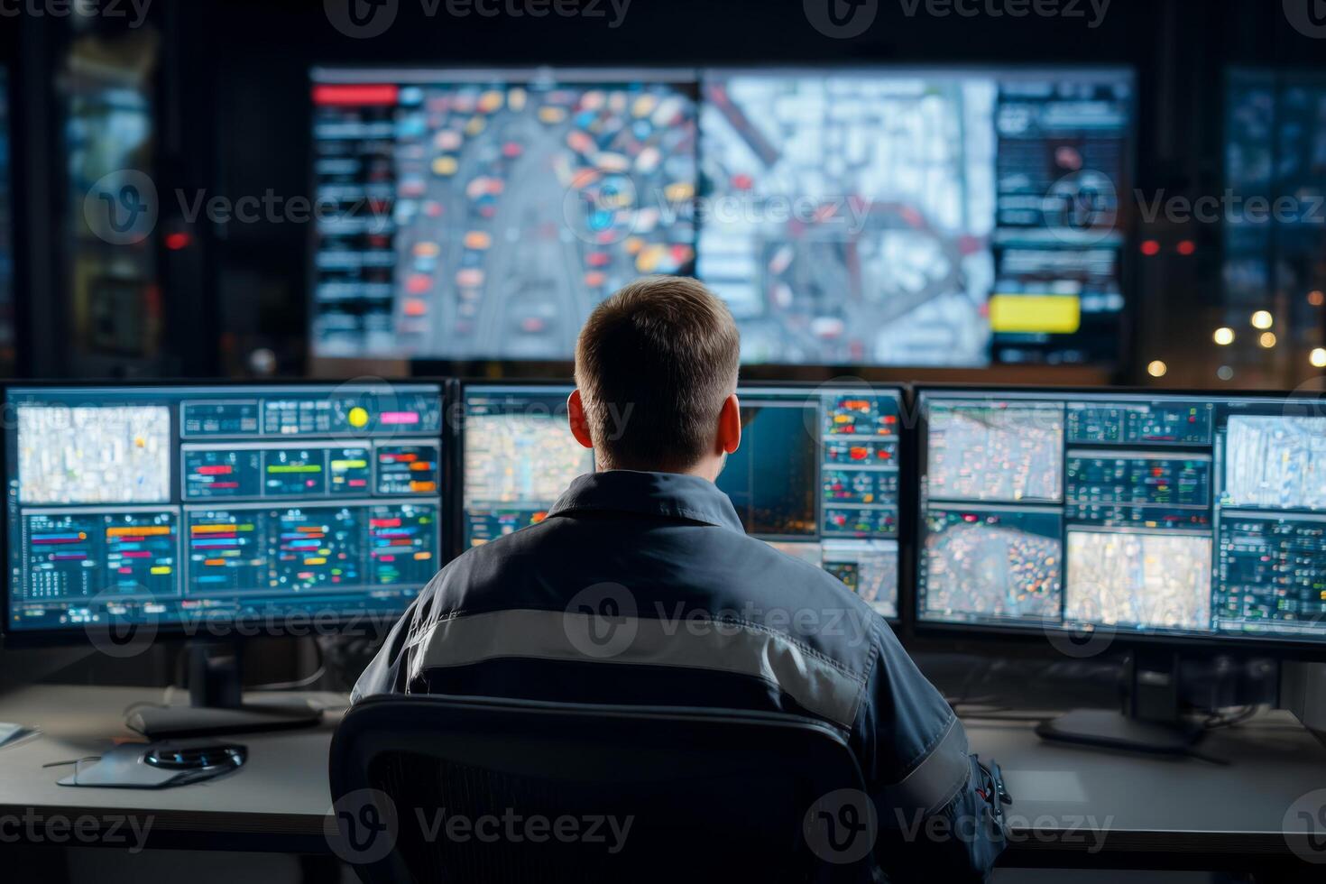 A person is seated in a command center, observing multiple monitors that show urban traffic patterns. The screens display colorful data and maps, reflecting ongoing activities and vehicle movements photo
