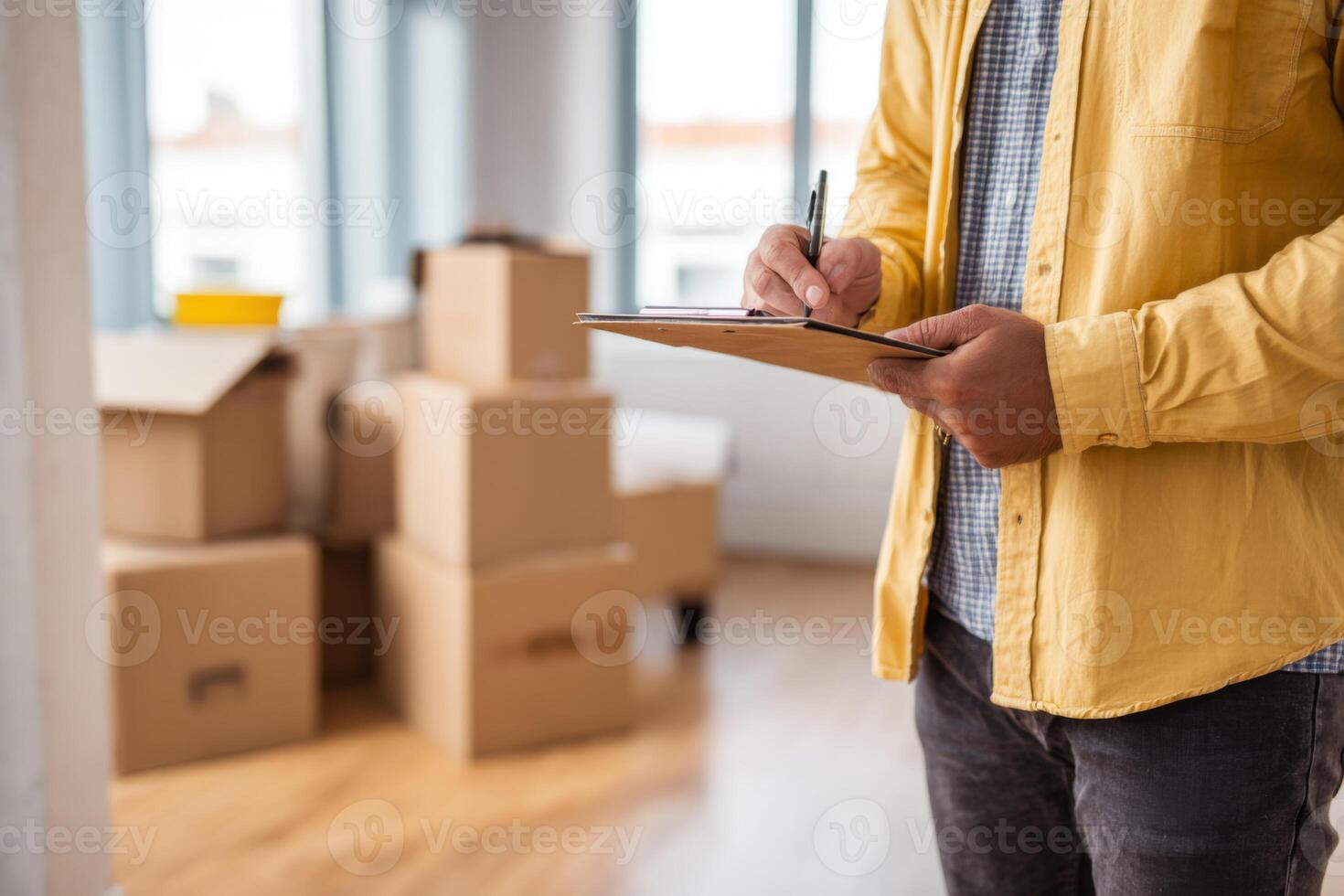A person is holding a clipboard and writing notes while surrounded by cardboard boxes in a well-lit room. Natural light streams through the windows, creating a vibrant atmosphere photo