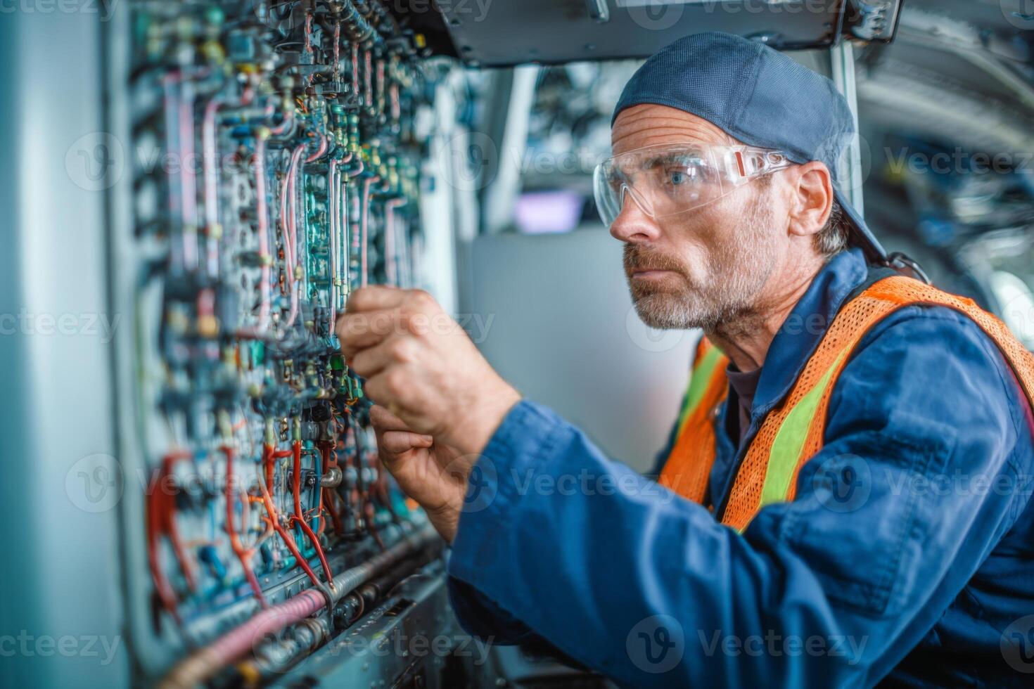 A technician is examining and repairing electrical panels in an aircraft at a maintenance hangar. He is focused on his task, ensuring everything is functioning correctly photo