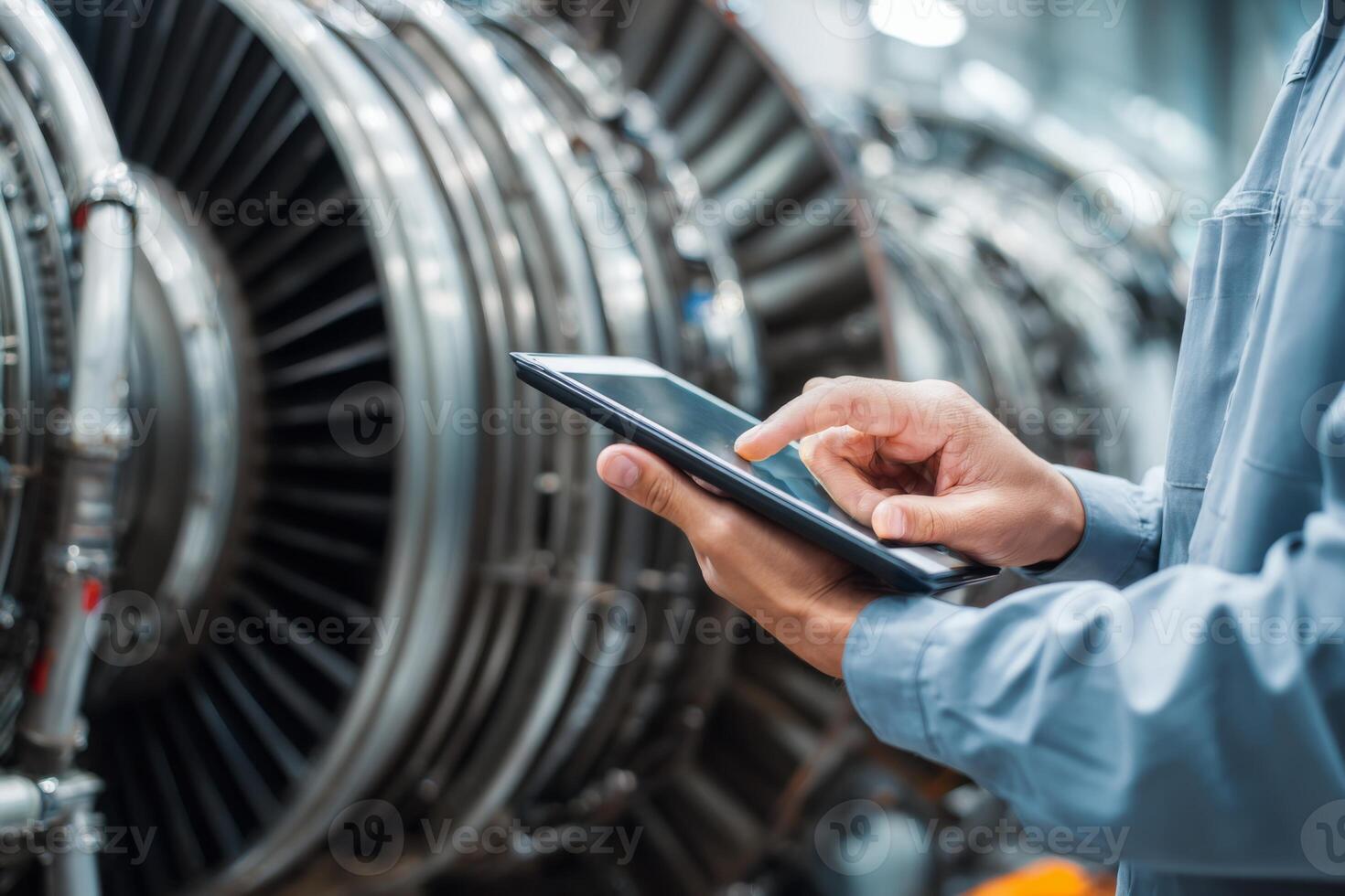 An engineer stands in an aviation workshop, focused on a tablet while analyzing data next to a large aircraft engine. The environment showcases advanced technology and equipment photo