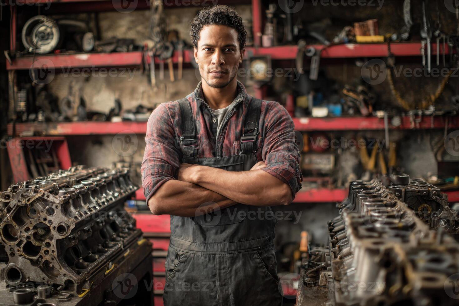 A mechanic with a focused expression stands with crossed arms in a busy workshop filled with engine blocks and various tools, showcasing expertise and readiness for work photo