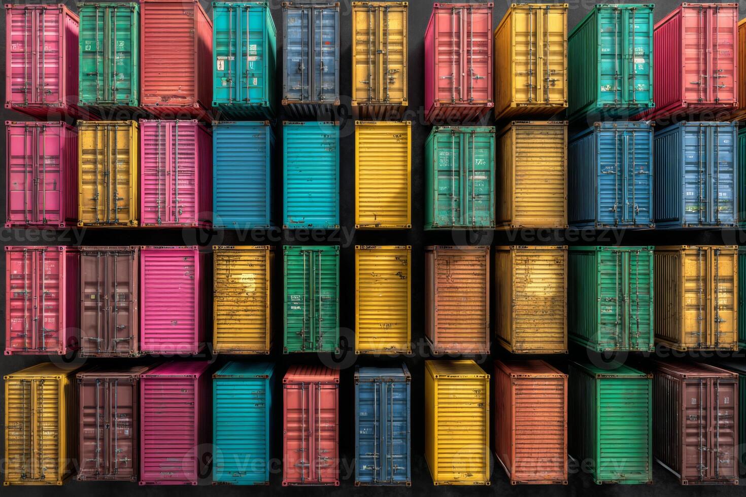 A vibrant display of shipping containers showcases a variety of colors in a grid pattern. The scene is set at a loading dock under clear daylight, highlighting the industrial atmosphere photo