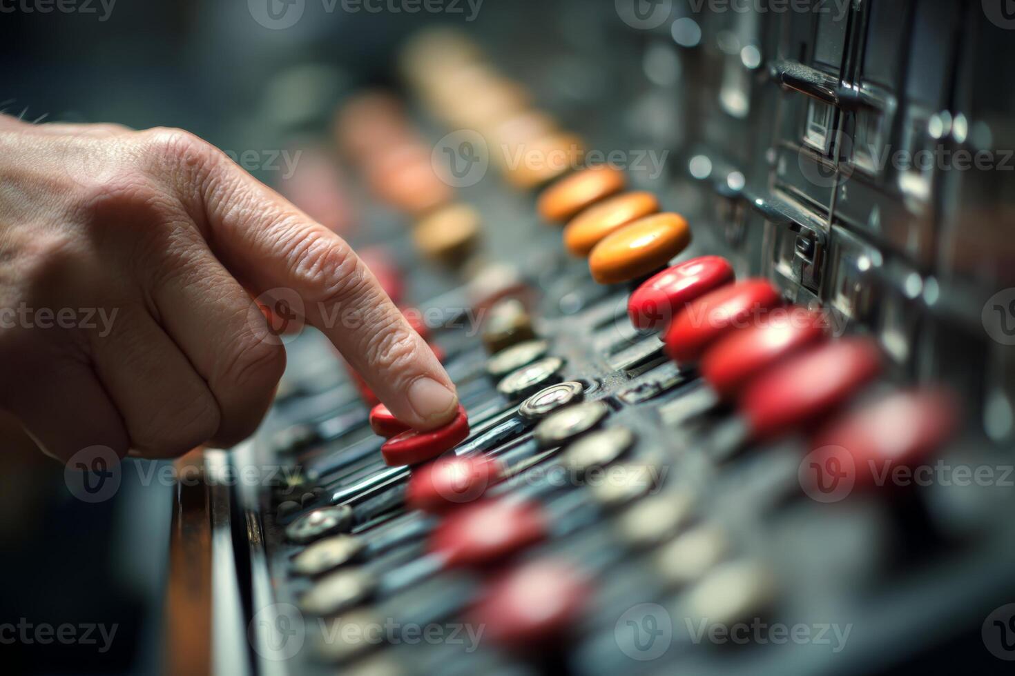 A hand is pressing a bright red button among an array of colorful controls in a studio setting. This scene reflects a moment of creativity and focus photo