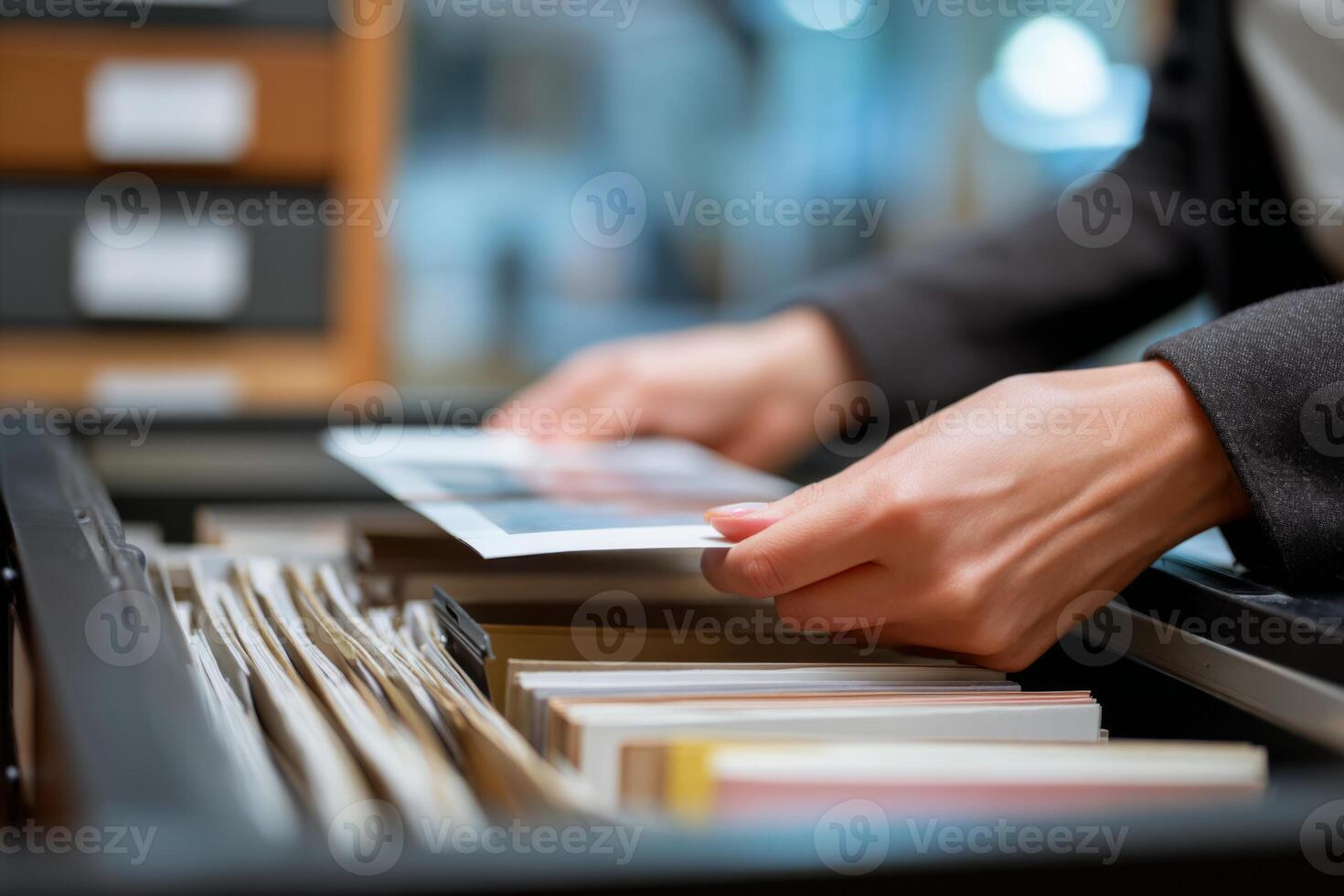 A person is sorting through files in a cabinet, carefully placing a photograph among neatly arranged documents. The environment is well-lit and organized, reflecting a professional setting photo