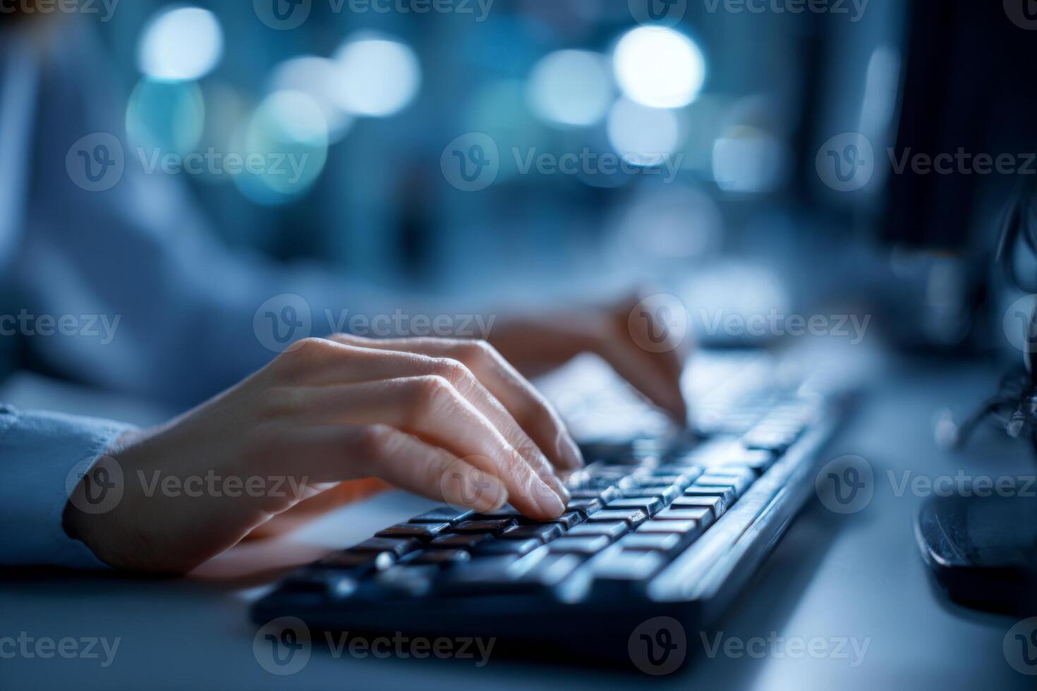 A person is typing on a keyboard in a dark office at night. The room is softly illuminated by blurred lights, creating a focused work environment. The scene suggests concentration and productivity photo