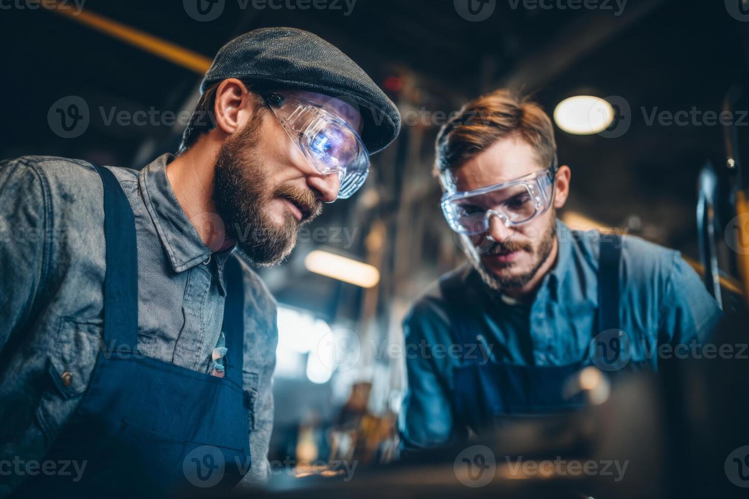 Men in work clothes are collaborating in a well-lit workshop. They wear safety glasses and are focused on their task, showcasing teamwork and concentration on the mechanical project photo