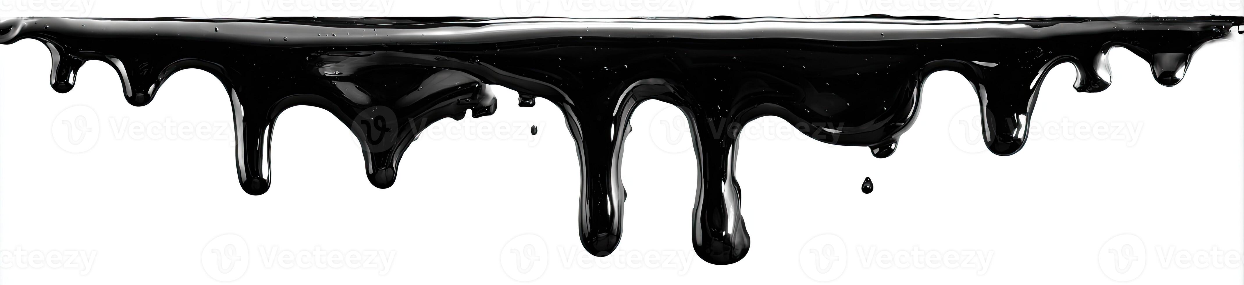 Black, viscous liquid drips down from top. The glossy substance has variable shapes photo