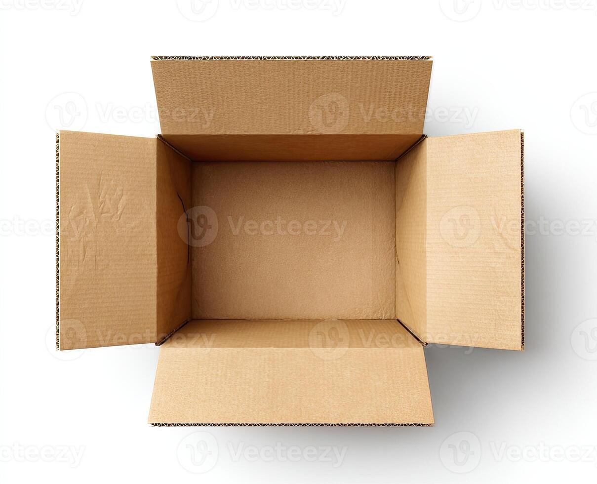 Overhead view of an empty, open cardboard box on a white background photo