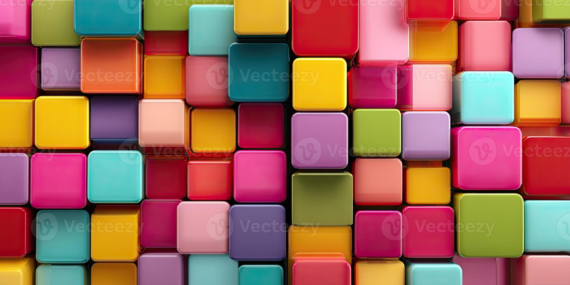 A vibrant, multi-colored wall composed of 3D cube blocks creating a visually dynamic, textural pattern photo