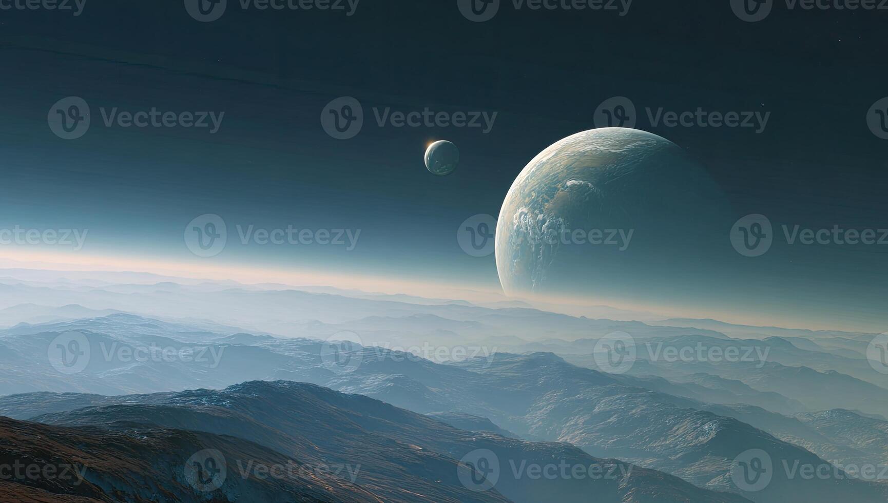 Distant view of two planets with rings and a small moon, rising above hazy mountain ranges photo