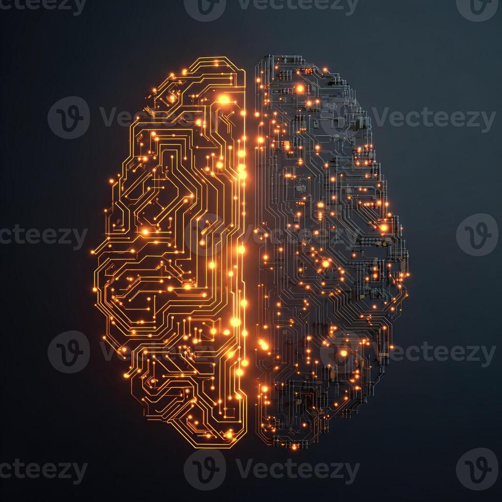 A 3D rendering of a human brain, stylized as circuit board. Golden circuit paths and glowing points of light on one hemisphere, contrasted with a dark metallic, circuit-board-like other half. Dark background photo