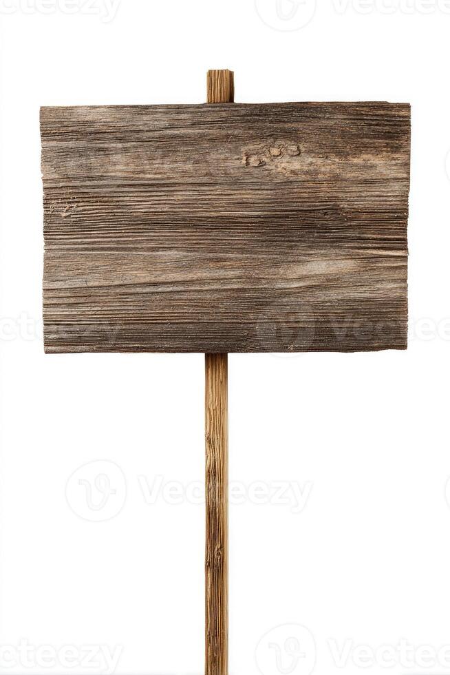 Weathered, rectangular wooden signpost on a white background, with a small pole photo