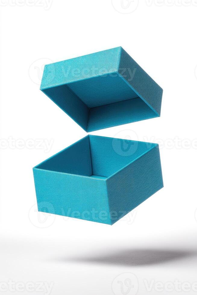 Isolated, open blue box with a hovering lid, showcasing a shadow and white backdrop photo