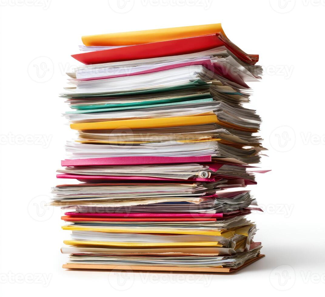 A towering stack of various colored file folders and papers against a white background photo