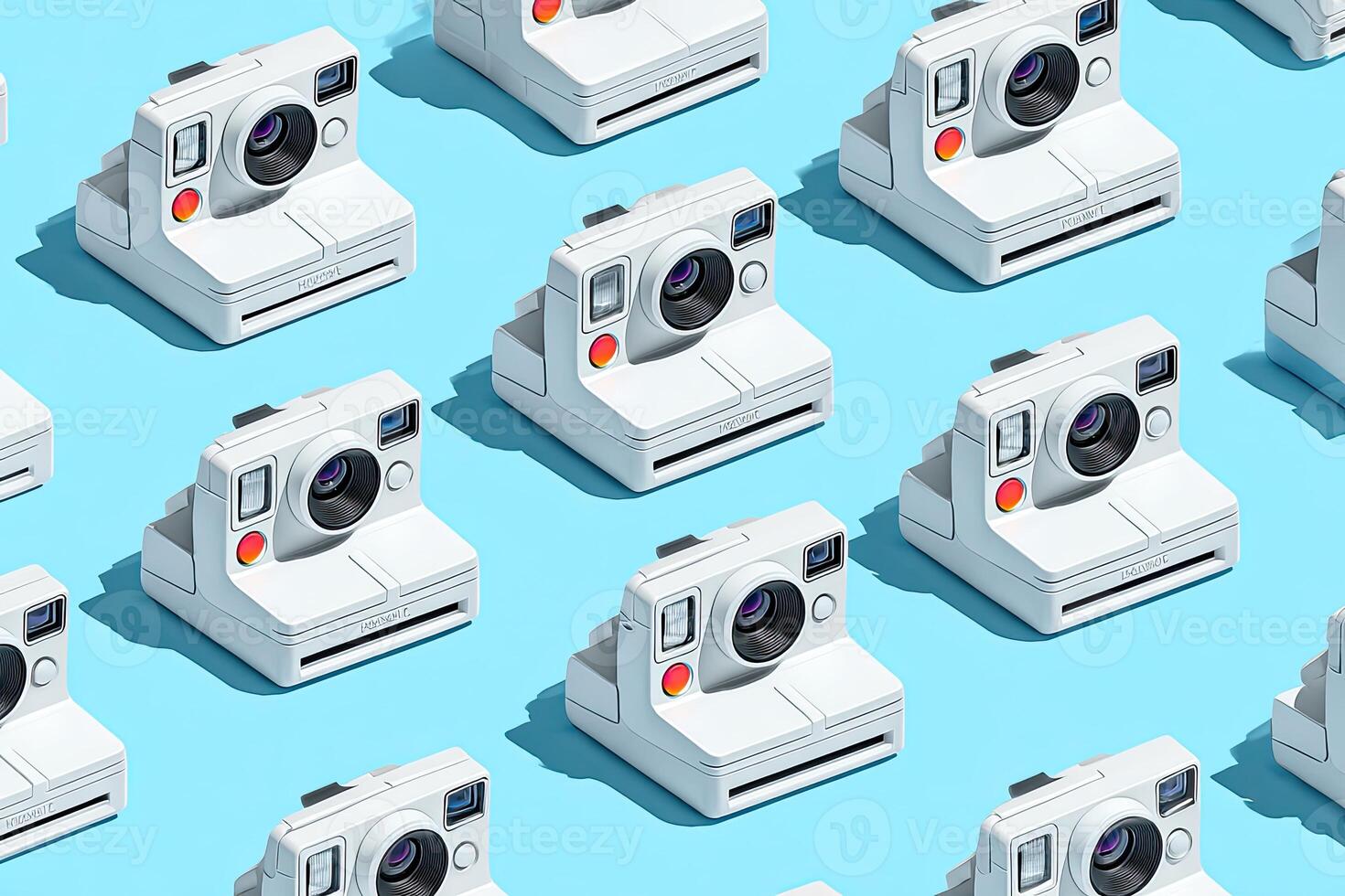 Repeated angled, white instant cameras against a solid, bright blue backdrop, creating a pattern photo