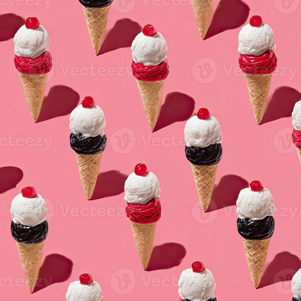 Repeated pattern of ice cream cones with tri-colored scoops and cherry on top, on a pink backdrop photo