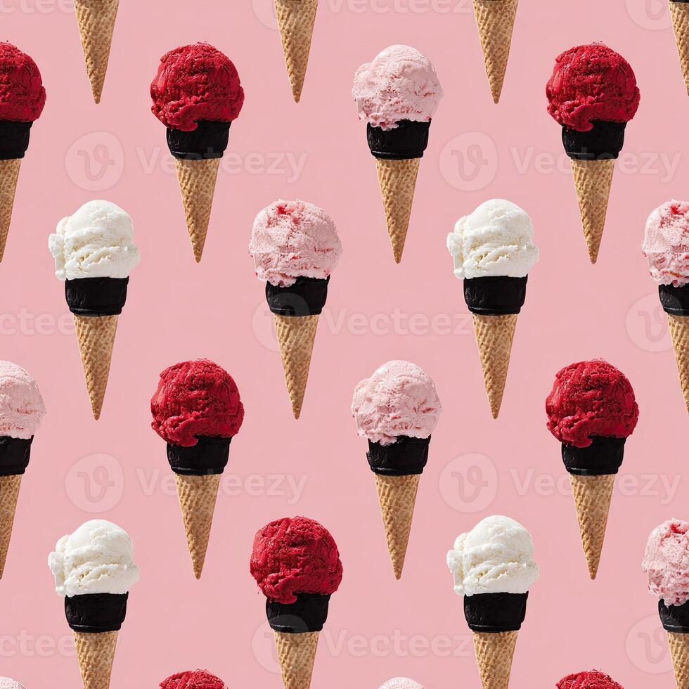 A repeating pattern of ice cream cones, with different colored scoops, on a pink background photo