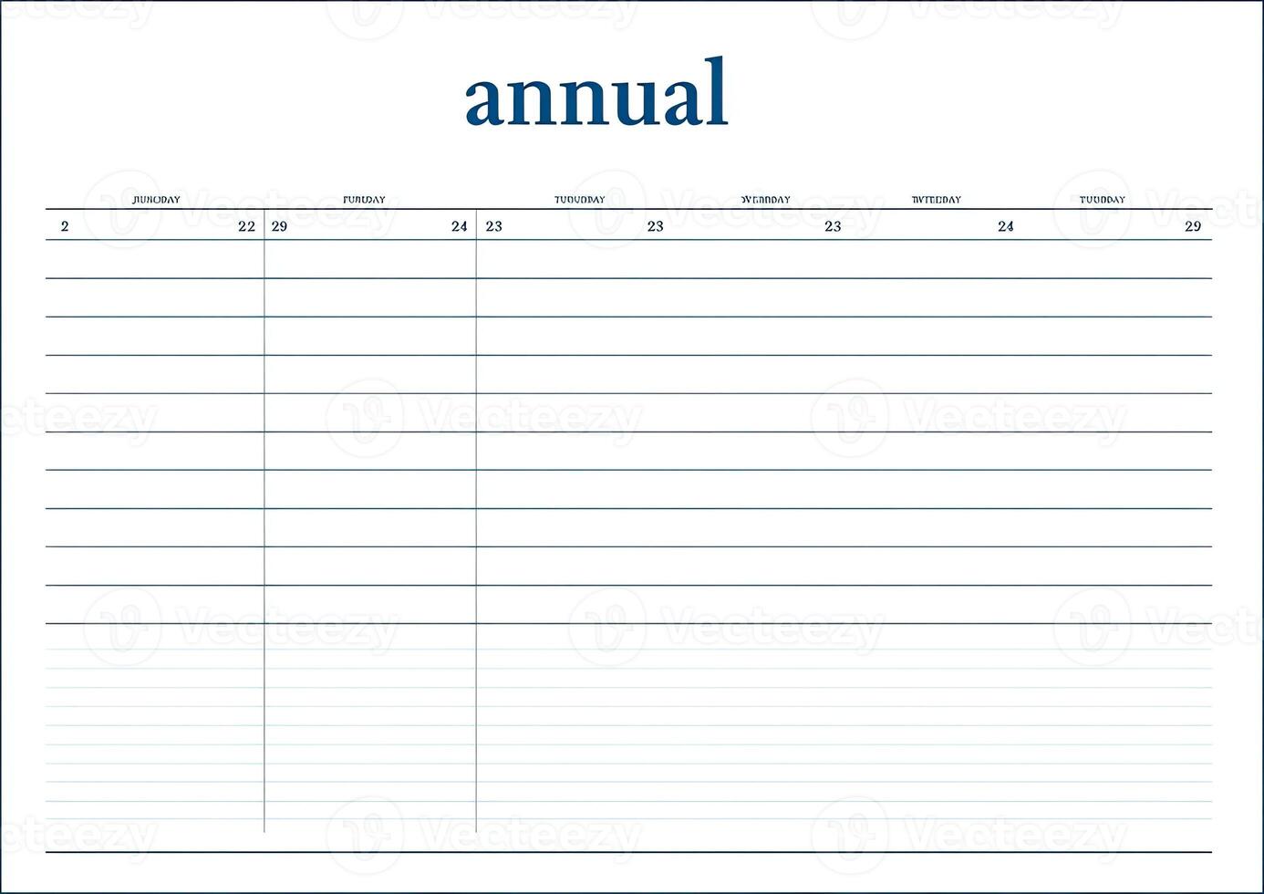 Blank annual planner template with horizontal lines, days of the week, and header photo
