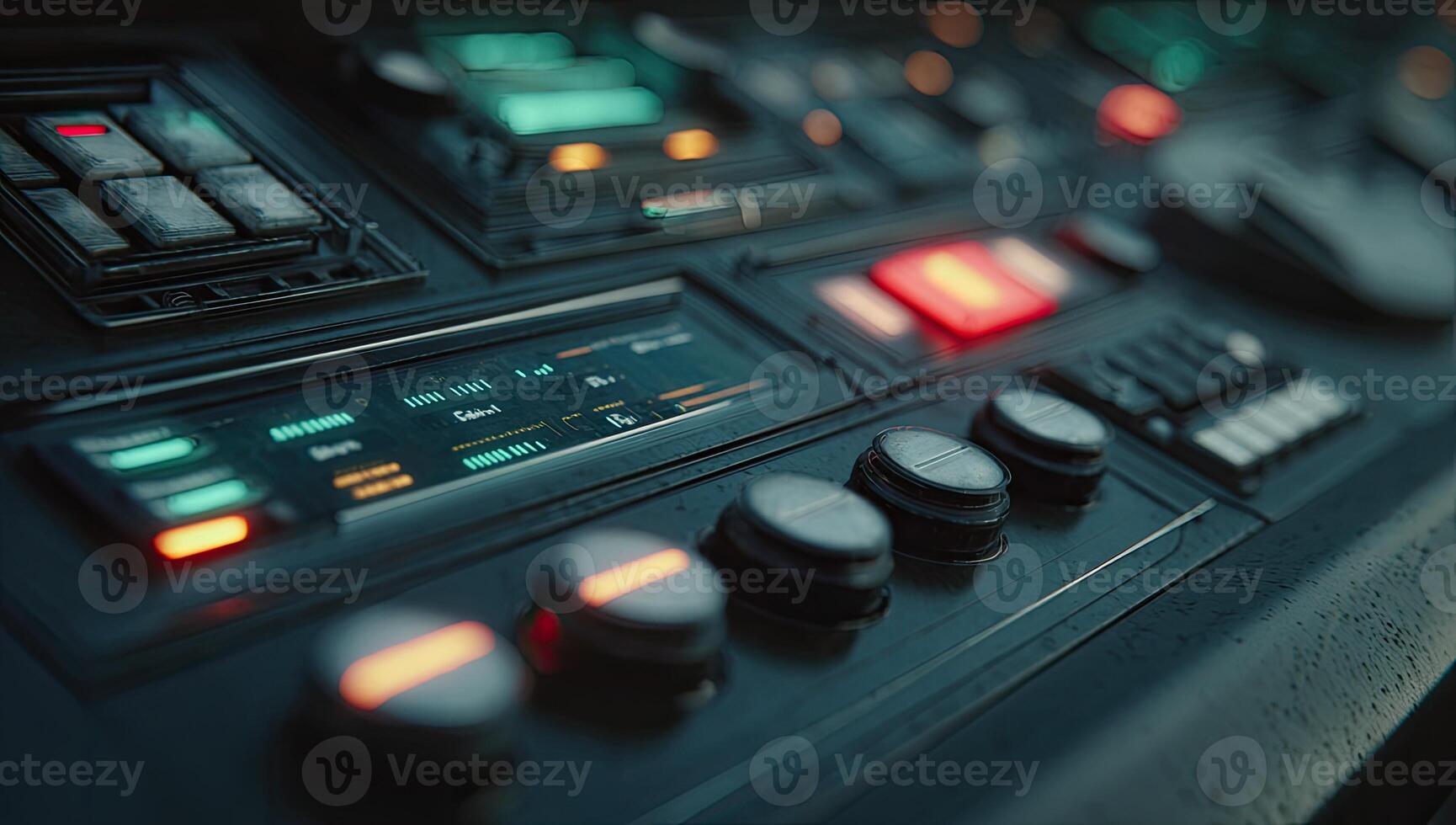 Close-up of a control panel, with lit displays, buttons, and dials in a futuristic setting photo