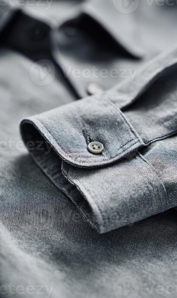 Close-up of a grey button-down shirt cuff with visible button and fabric texture photo