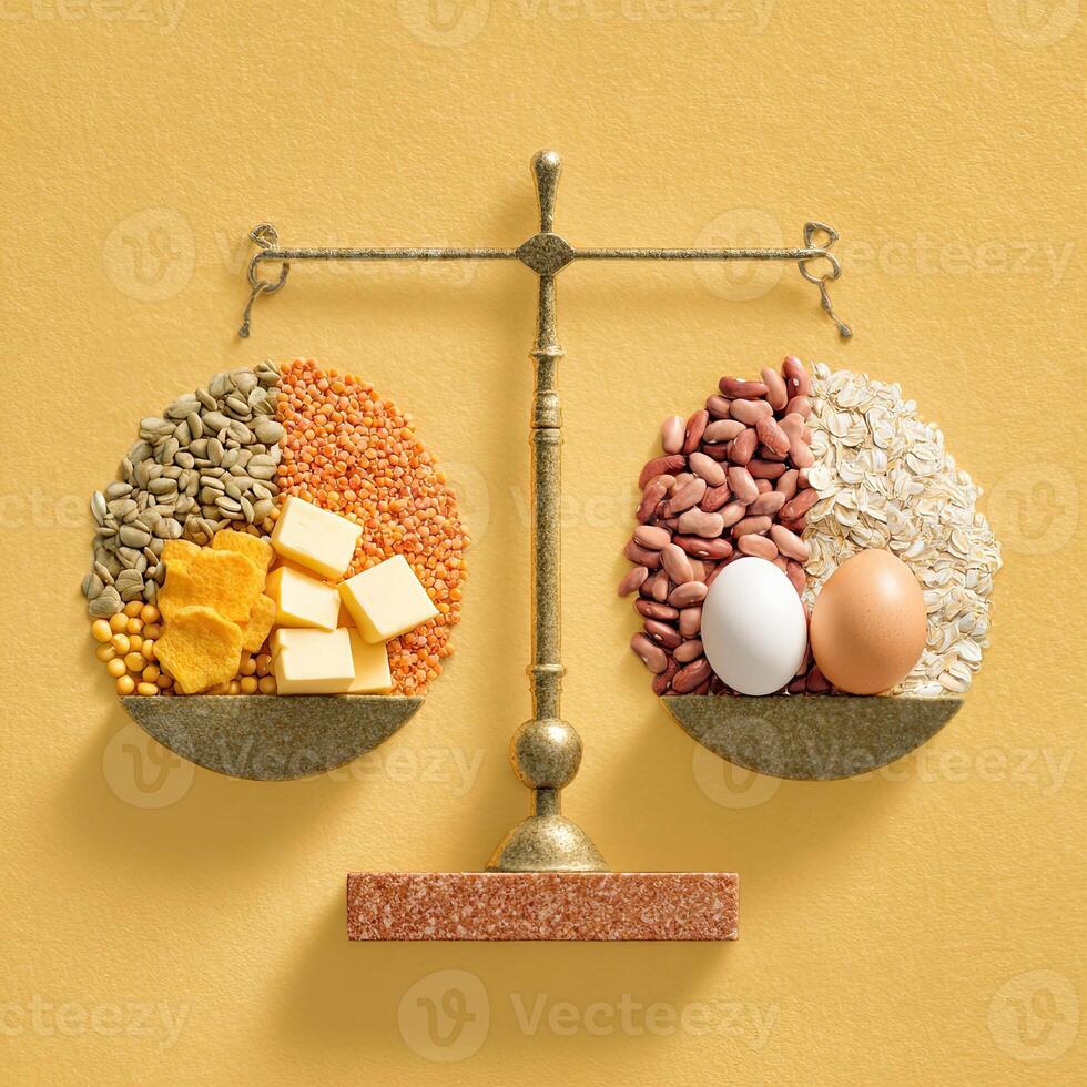 A golden scale balanced atop a mustard-yellow surface. Various food items are arranged on either side of the scale, representing a nutritional comparison photo