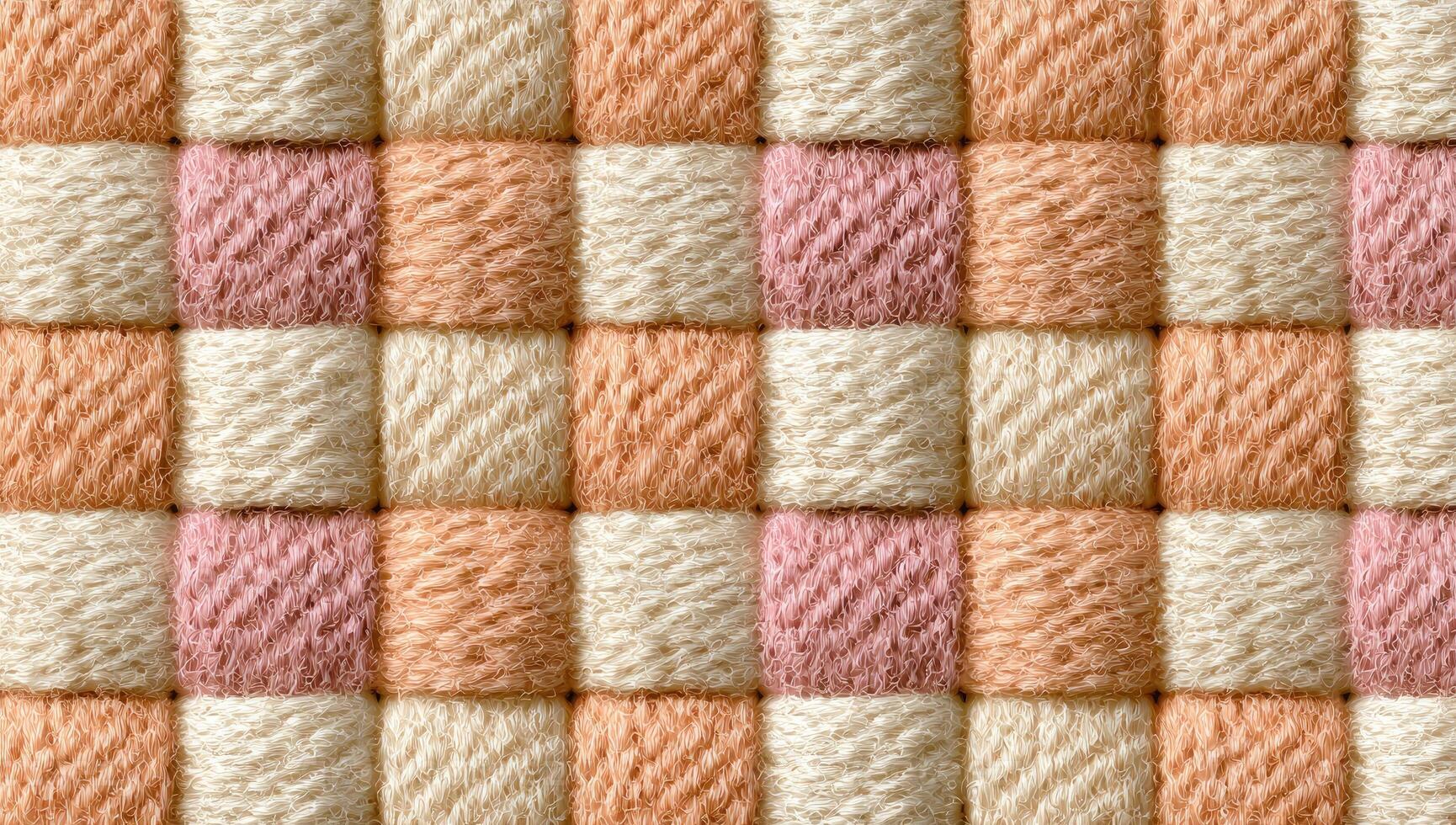 Close-up of a repeating checkerboard pattern. Soft cream and peach-pink yarn squares. Woven or embroidered photo