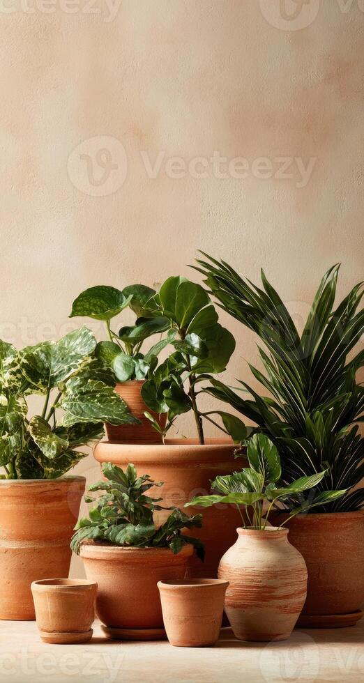 Terracotta plant pots filled with various greenery against a soft peach background photo
