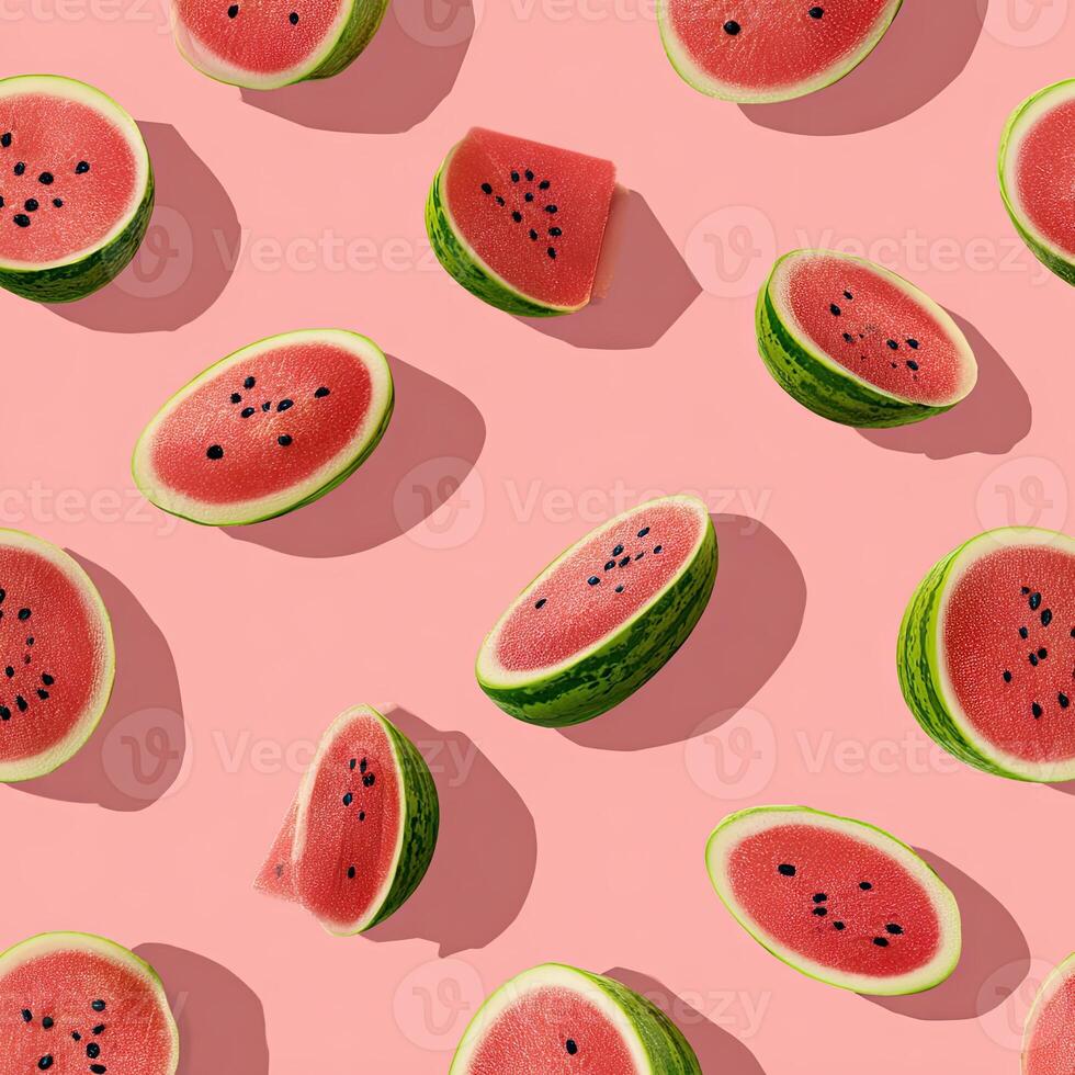 Scattered cut watermelon on a pink background with shadows, creating a summery pattern photo
